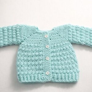 Handmade Crochet Baby Sweater in Mint with Floral Buttons - 6-12 months